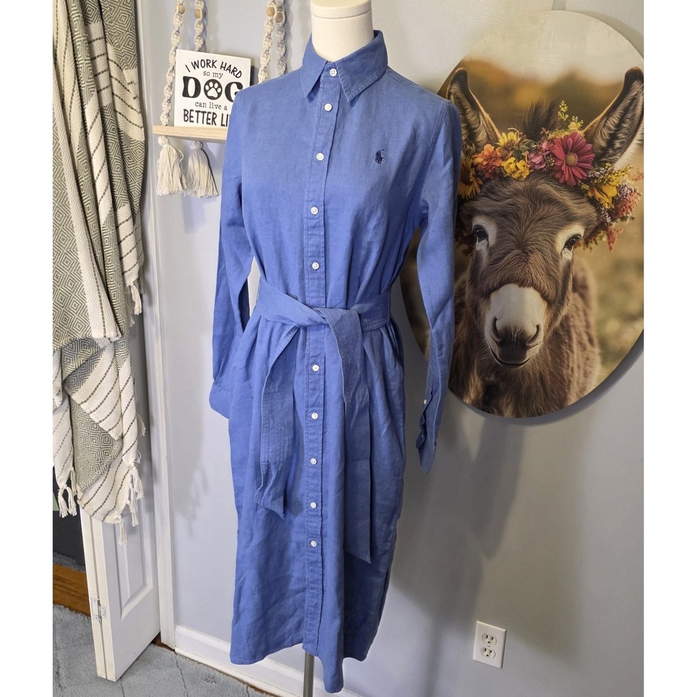 Polo Ralph Lauren Belted Linen Shirt Dress Size 12 Blue Long Sleeve Boracay